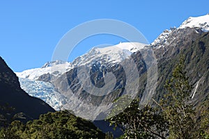 Franz Josef Glacier over treetops from distance