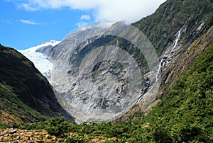 Franz Josef Glacier and waterfalls in Tai Poutini National Park in New Zeland