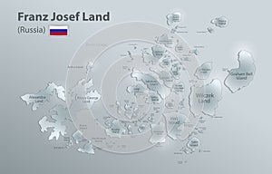 Franz Josef Land map administrative division separates regions and names, design glass card 3D