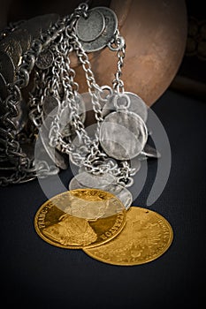 Franz Joseph I, Austro-Hungarian golden ducats from 1915 with silver jewelery photo