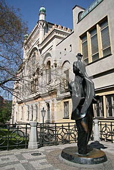 Franz Kafka sculpture by Spanish Synagogue in Prague, Czech republic