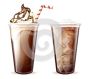 Frappe coffee, cola with ice cubes in plastic cups