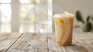 Frappe cup food photography on blurred background with ample copy space for text placement