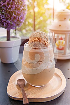 frappe mocha with ice cream in glass at coffee cafe photo