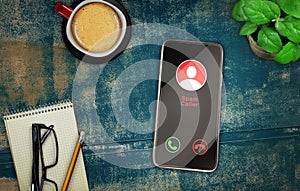 Fraud call 3D illustration concept. When a spammer calls you, while you are trying to work photo