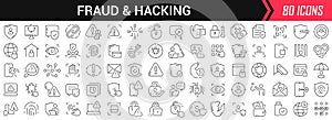 Fraud and hacking linear icons in black. Big UI icons collection in a flat design. Thin outline signs pack. Big set of icons for