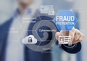 Fraud prevention button, concept about cybersecurity and credit card protection photo