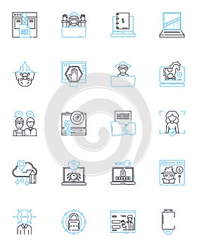 Fraudsters linear icons set. Deceit, Scam, Swindle, Sham, Trickster, Con-artist, Imposter line vector and concept signs