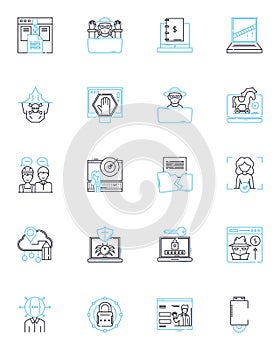 Fraudsters linear icons set. Deceit, Scam, Swindle, Sham, Trickster, Con-artist, Imposter line vector and concept signs photo