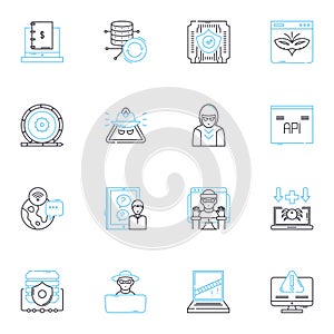 Fraudsters linear icons set. Deceit, Scam, Swindle, Sham, Trickster, Con-artist, Imposter line vector and concept signs photo