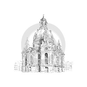 Frauenkirche, Church of our Lady in Dresden, Germany. Black and white drawing sketch. Vector illustration