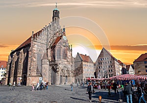 Frauenkirche with market square of Nuremberg at sunset