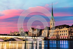 Fraum nster abbey or Women's Minster at sunset, the most popular church of Zurich, Switzerland