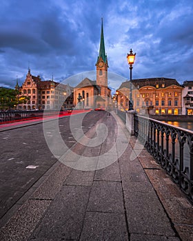 Fraumunster Church and Munster Bridge in the Evening, Zurich, Sw photo