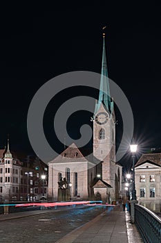 Fraumunster Church at night in Zurich, Switzerland