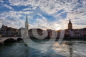 Fraumunster Church and old town zurich by Limmat river at sunset, Switzerland
