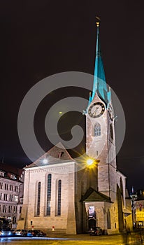 The Fraumunster Church in Zurich at night