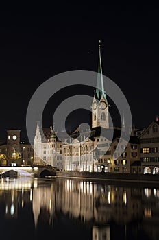 Fraumunster church, Zurich at night photo