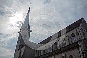 Fraumunster the holy cathedral of Zurich on cloudy sky background