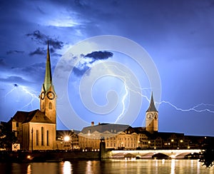Fraumunster - Zurich with lightning photo