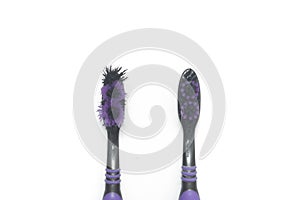 Frayed and broken bristles of toothbrush and good condition of toothbrush