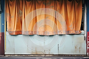 frayed, heavy stage curtains hanging from a rusted rail