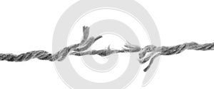Frayed rope at breaking point on white background, banner design. Cheating concept