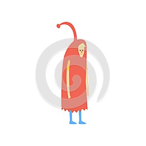 Freak man character in funny red costume, freaky masquerade or carnival costume, creative party in crazy style cartoon