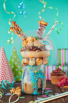Freak shake topping with donut, caramel popcorn and sweets on pa
