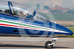 Frecce Tricolori formation display team of the Italian Air Force Aeronautica Militare Italiana flying Aermacchi MB-339PAN aircra