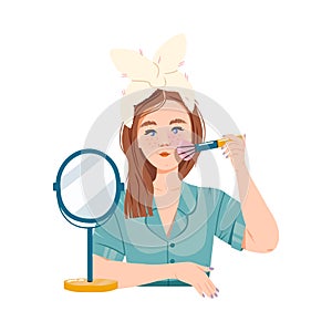 Freckled Girl with Headband Applying Cheek Colors with Brush Vector Illustration