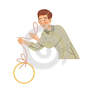 Freckled Man Photographer in Overall Retouching Photograph with Lasso Tool Vector Illustration