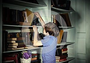 Freckled red-haired little boy searching book on bookcase