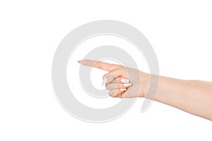 Freckled white hand. Isolated woman`s hand palm up, in a pointing gesture indicating left or right