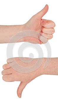 Freckled white hands. Hands make the thumbs up and down gesture, view from front and back. Approval or disapproval judgement