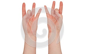 Freckled white hands. Isolated woman`s hands, with the middle finger turned down and the thumb holding it in an ASL gesture