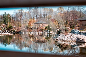 Frederik Meijer Gardens - Grand Rapids, MI, USA - April 28th 2019:   Landscape shot of the japanese garden from the walking bridge