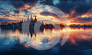 Frederiksborg Castle, in the town of Hillered on Lake Slotsse. Panorama. Denmark. XVI century. Copenhagen, Denmark, Europe photo