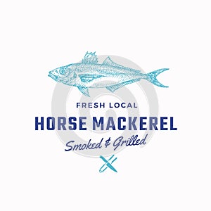Fredh Local Horse Mackerel Smoked and Grilled. Abstract Vector Sign, Symbol or Logo Template. Hand Drawn Fish with