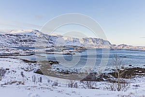 The Fredvang bridges connect the islands FlakstadÃ¸ya and MoskenesÃ¸ya during winter in Lofoten, Norway