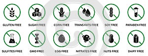 Free Allergen Ingredient Silhouette Black Icon Set. Forbidden Symbol of GMO, Trans Fat, Sugar, Soy, Egg, Gluten, Corn