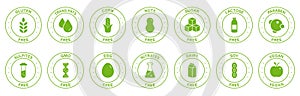 Free Allergy Ingredient Silhouette Green Stamp Set. Label. No Soy, Transfat, Nut, Gluten, Corn, Dairy, Sugar, Paraben