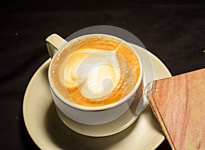 Love coffee,A cup of latte art with heart pattern in a white cup.Indoor cafe