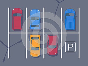Free car parking lot with different car. Top view illustration. Flat style