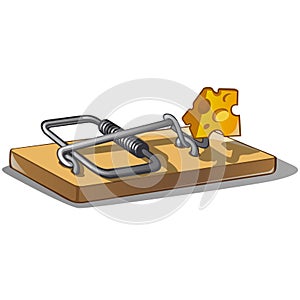 Free cheese in a mousetrap isolated on white background. Vector cartoon close-up illustration.