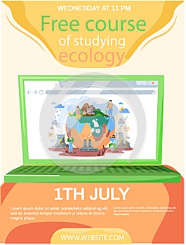 Free course of studying ecology announcement banner. Ecologist scientist taking care of nature