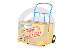 Free delivery concept. Cardboard box on hand truck, 3D rendering