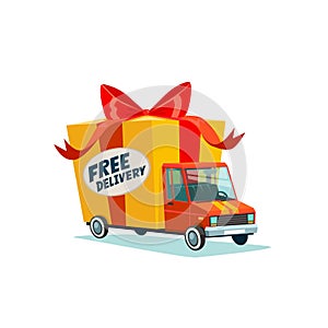 Free delivery concept. Delivery truck with gift box, parcel. Delivery service. Shipping by car or truck. Flat style