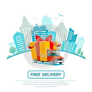 Free delivery concept. Delivery truck with gift box, parcel. Delivery service Shipping by car or truck. Flat style