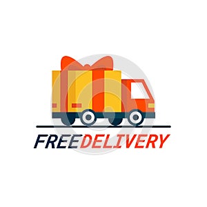 Free delivery concept. Delivery truck with gift box, parcel. Delivery service. Shipping by car or truck. Flat style